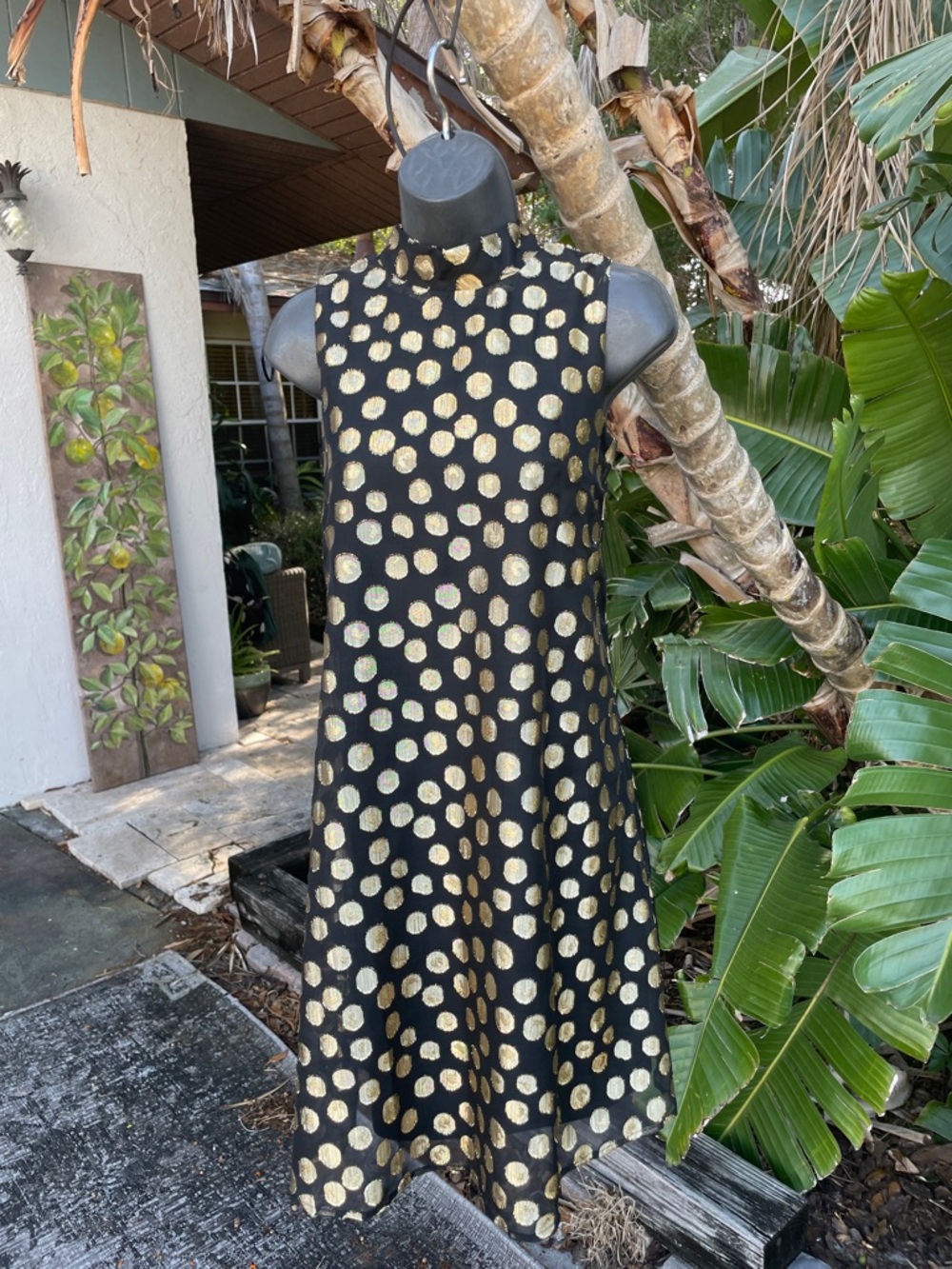 Robbie B metallic gold polkadot 60s trapeze dress